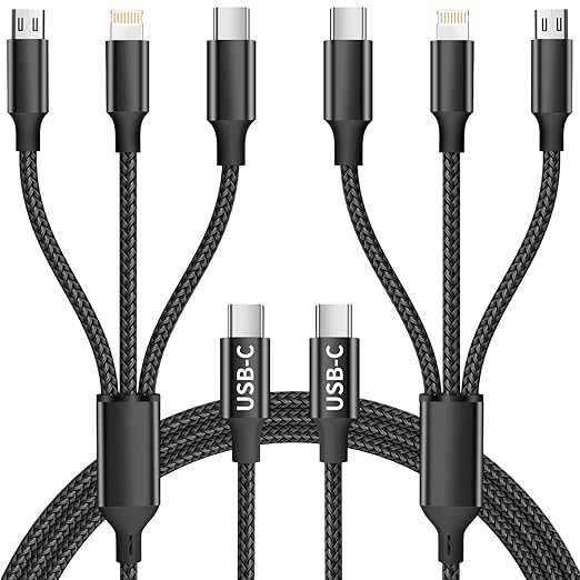 Travel Essentials,Dual Type-C 3 in 1 Multi Charging Cable, 4 FT Universal Charging Cables for All Devices, 2 USB-C/IP/Micro USB Port, Compatible with iPhone 17 16/15 Series/Phone/Tablet, Black