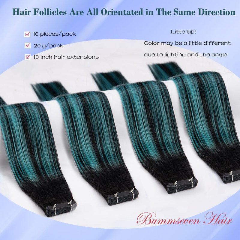 18 Inch Tape in Hair Extensions - 10 Pieces (2g/Piece) 100% Remy Human Hair - Includes Waterproof Tapes - Black Teal Green Balayage