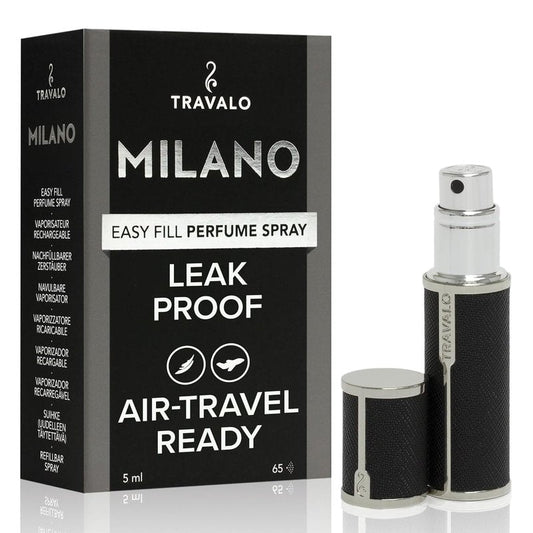 Travalo Milano Perfume Atomizer | Leak-Proof & TSA Approved Mini Sprayer - Reusable Black Vegan Leather with Polished Metal