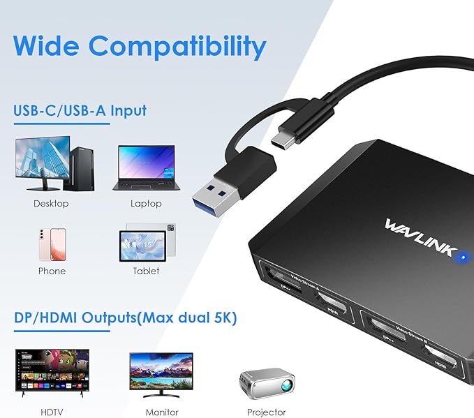 WAVLINK USB C or USB 3.0 to Dual HDMI/DisplayPort Adapter, Displaylink Monitor Splitter Extended Display for Dual Monitor 4K@60Hz, HDMI/DP Splitter Compatible with Mac M1-M5/Neo,Window Laptop-Black