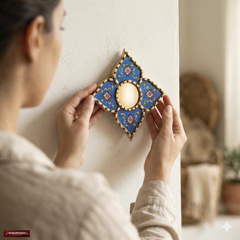 DecorContreras Peruvian Painted Glass Mirror with Bronze Leaf Framed - Handmade Diamond Mirror 6in for Gallery wall (Blue)