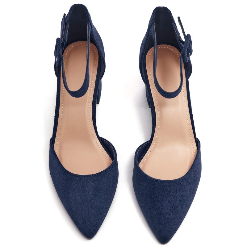 LAICIGO Women’s Chunky Heels Closed Pointed Toe Pumps Ankle Strap Comfortable Block Heels Dress Pump Shoes Navy Suede