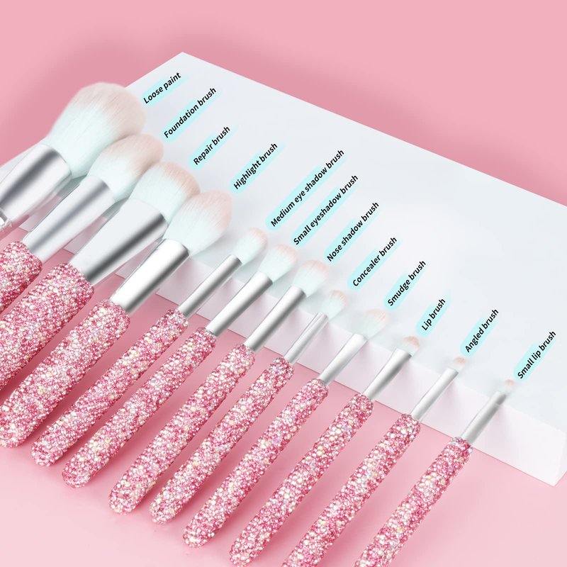 Makeup Brushes Bling Crystal Professional Face Cosmetics Blending Liquid Foundation Powder Concealer Eye Shadows Make Up Beauty Tool Glitter(12PCS) (Purely Handmade)(Pink)