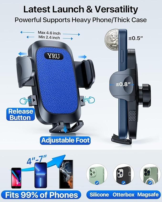 [True Upgrade for Safety] YRU Car Phone Holder Mount [Patent & Military-Grade]Dashboard Cell Phone Holder for Car Vent Windshield Phone Stand for iPhone 17 16 15 14 13 Pro Max Truck Samsung, Dark Blue