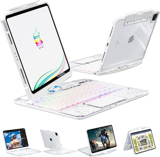 KARTICE Transparent Case with Wireless Keyboard for iPad Pro 11 Inch (M4,2024), 7 Colors Backlight, Multi-Touch Trackpad, 360° Rotating Stand Case with Pencil Holder for iPad Pro 11