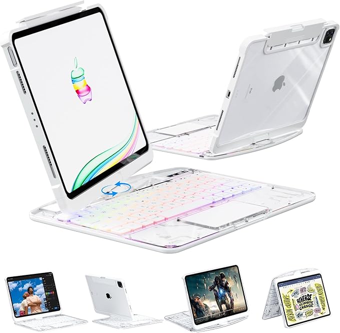 Transparent Case with Wireless Keyboard for iPad 11th Gen 11 Inch (A16, 2025) & iPad 10th Gen 10.9 Inch (2022), 7 Colors Backlight, Multi-Touch Trackpad, 360° Rotating Stand Case for 11th/10th