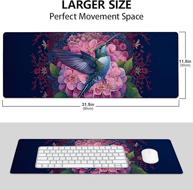 Mounidso Floral and Hummingbird Large Mouse Pad, Gaming Mouse Pad, Keyboard Mat, Non-Slip Rubber Base, Office Accessories, Desk Mat, MousePads for School, Work, Home Decor Gifts 31.5" x 11.8"