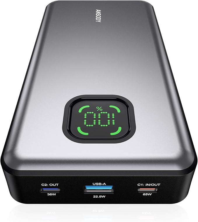 Ansody 65W Power Bank, 25000mAh Laptop Portable Charger, 100W Total Fast Charging Battery Pack for MacBook Dell XPS iPad Tablet Steam Deck iPhone 17-12 Series Samsung Switch and More Silver