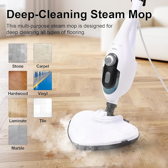 11-in-1 Steam Mop, 1550W Powerful Handheld Steam Cleaner, 260Â°F Multi-Functional Floor Steamer with 21.3FT Cord for Floors, Hardwood, Tiles, Grout, Windows, Kitchen, Bath, Adjustable (White)