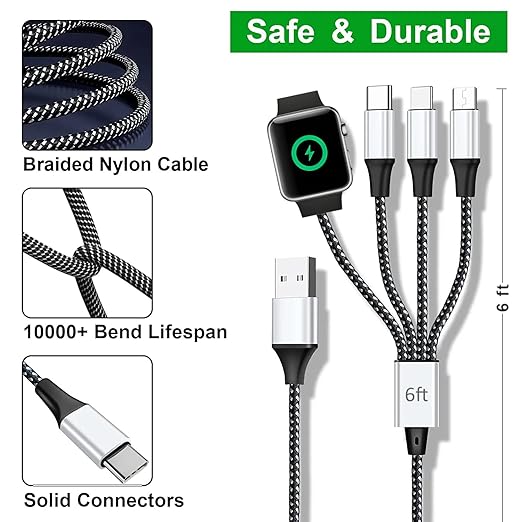 TOP-UP Multi Charging Cable for Apple Watch Charger (6FT) – 4 in 1 Braided Cord for Multiple Devices, USB C/Micro/Multi Charger Compatible with iWatch Series 11–1, iPhone 17/16/15/14, iPad