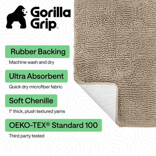GORILLA GRIP Bath Rug Mat - Thick Absorbent Chenille | Quick-Dry Microfiber 60x17 in Gray Beige