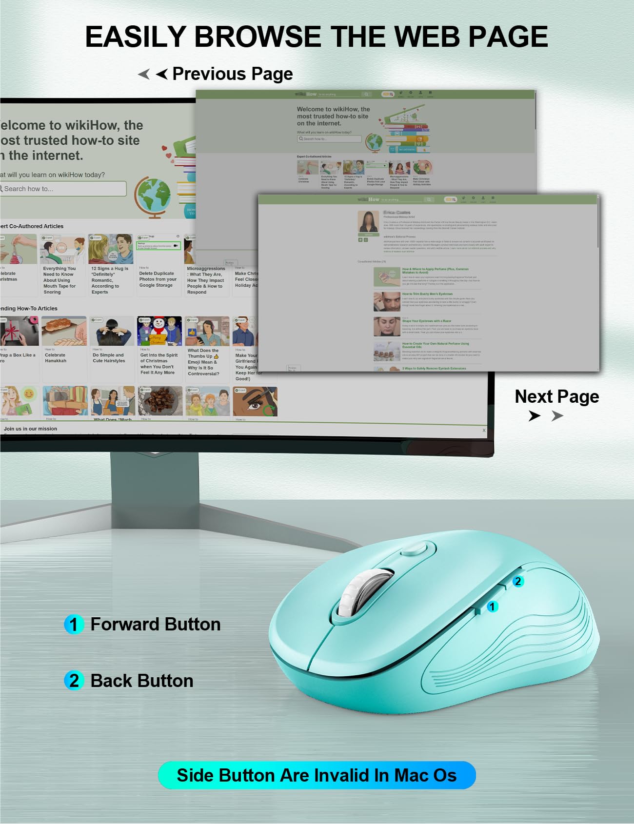 Trueque Wireless Mouse for Laptop, 2.4GHz Ergonomic Computer Mouse with Back & Forward Buttons, 3 Adjustable DPI Levels, 6 Buttons, Optical USB Cordless Mice for Windows PC, M01 (Mint Green)