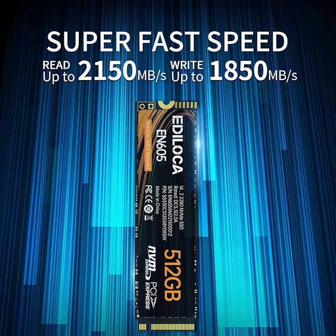 Ediloca EN605 512GB M.2 SSD, NVMe1.3 PCIe Gen3 x4 SSD TLC, Internal Hard Drive, M.2 2280 - Read/Write Speed up to 2100/1300 MB/s - Internal SSD Compatible with Laptop & PC Desktop