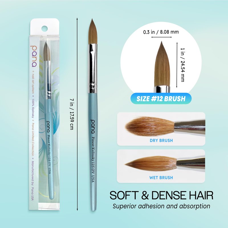 PANA Pure Kolinsky Hair Acrylic Nail Brush - Oval Crimped Teal Wood Handle (Size 12)