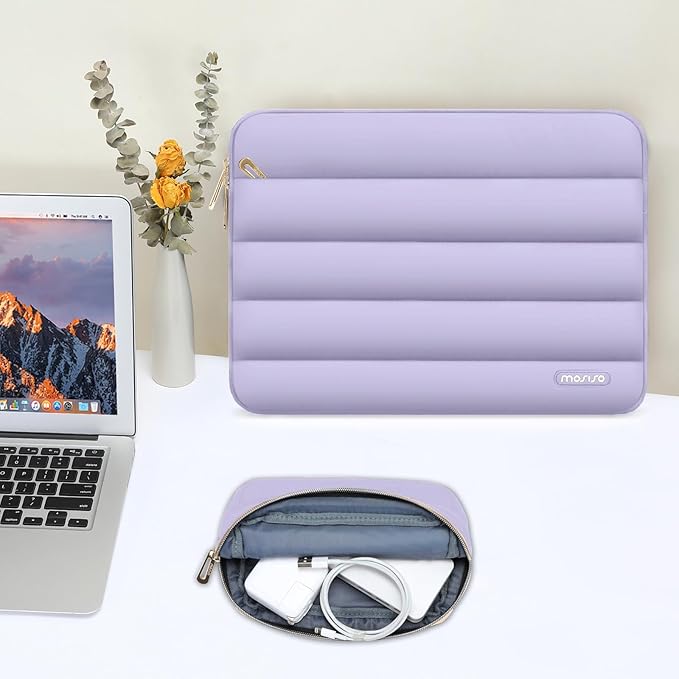 MOSISO Laptop Case 13.3 inch,13-13.3 inch Puffy Laptop Sleeve Compatible with MacBook Neo/Air 13.6 M5 M4 M3 M2 M1/Pro 13/14,HP Dell ASUS Lenovo,Polyester Horizontal Bag with Small Case, Purple