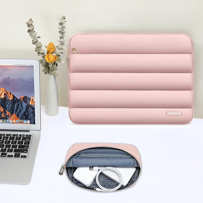 MOSISO Laptop Case 13.3 inch,13-13.3 inch Puffy Laptop Sleeve Compatible with MacBook Neo/Air 13.6 M5 M4 M3 M2 M1/Pro 13/14,HP Dell ASUS Lenovo,Polyester Horizontal Bag with Small Case, Pink