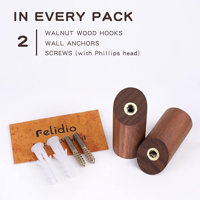 Felidio Wooden Wall Hooks, 2 Pack Coat Hooks Wall Mount, Natural Wood Hooks Coat Rack, Heavy Duty Hooks for Hanging Towels Entryway Coats Hat Rack for Wall (Walnut Wood)