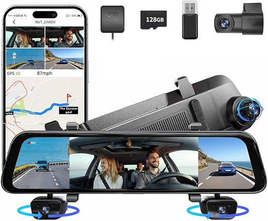 12" Rear View Mirror Camera,4 Channel Mirror Dash Cam Front and Rear Inside,Backup Camera for Cars,5.8GHz WiFi 360 Smart Rearview Camera,APP,GPS,Night Vision Backup Camera, Free 128GB SD Card