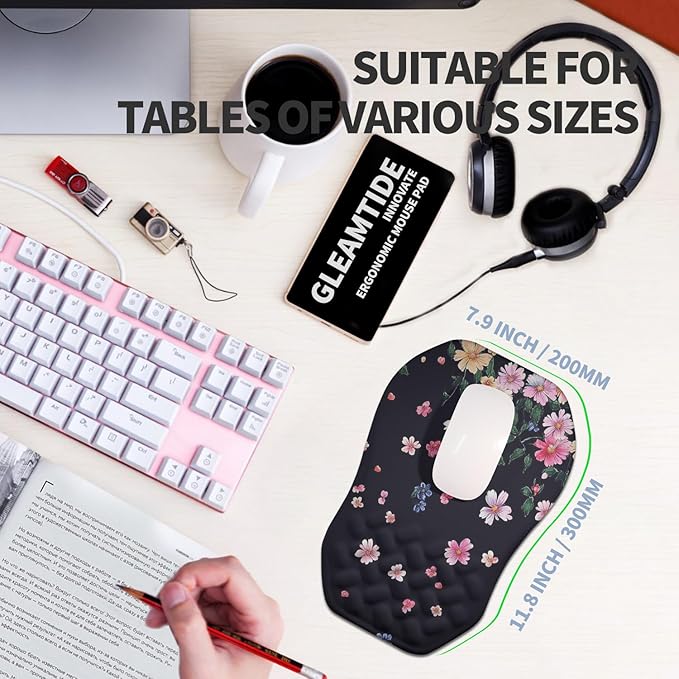 Gleamtide Ergonomic Raised Mouse Pad Wrist Support with Bilateral Slope Memory Foam Mousepad for Wrist Rest and Carpal Tunnel Pain Relief 11.8x7.9〃Flowers Bloom and Fade
