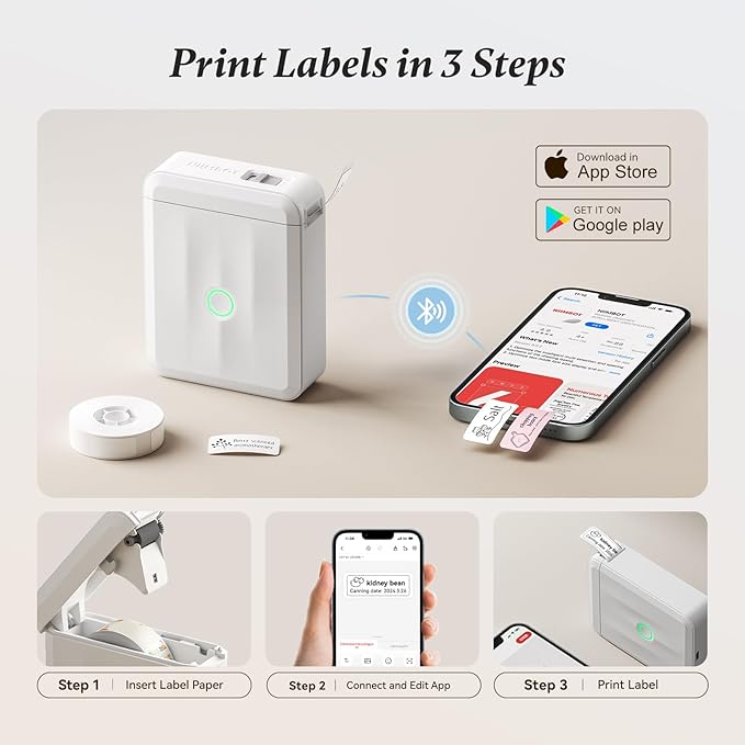 NIIMBOT D110 Label Maker Machine, Bluetooth Thermal Label Printer for School Home Office Organization, Mini Thermal Printer, Label Maker with 3 Label Tapes, White