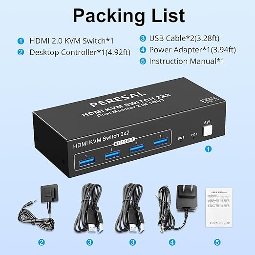 PERESAL Dual Monitor HDMI KVM Switch, 2 Computers 4K60Hz Dual Monitor KVM Switches for PC or Laptops,4 USB 3.0 Ports Support Extended/Copy Mode with DC 12V Adapter&Wired Controller