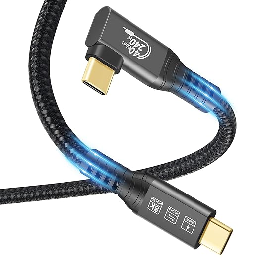CHENLENIC USB4 Cable, with Thunderbolt 4 Cable, 240W Charging, 40 Gbps Data, 8K @ 60Hz HDR, USB C to USB C, 90Degree for Hub, Dock MacBook, M2, M3, Mac SSD (90Degree USB4 40G 240W 1.5M)