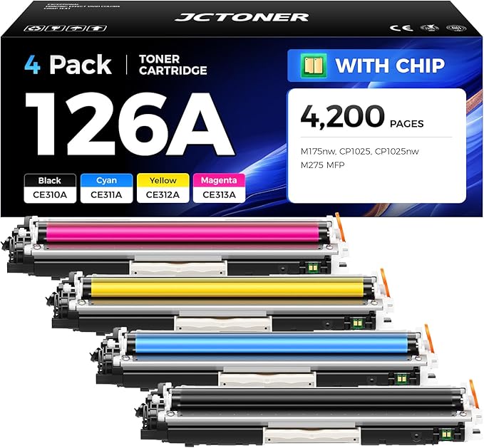 JCTONER 126A CE310A Toner Cartridge Set 4-Pack High Yield Replacement Compatible with Printer Ink Black Copy