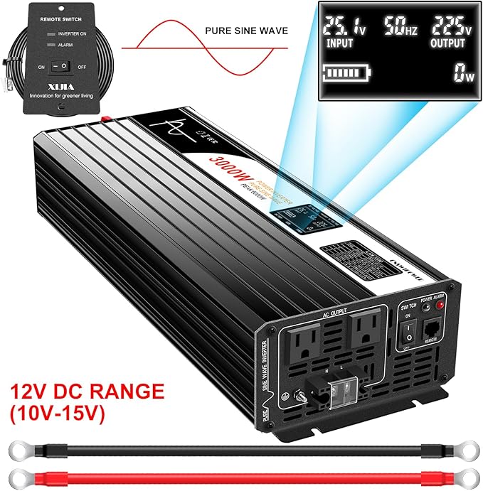 Xijia 3000W Pure Sine Wave Inverter 12V DC to 120V AC Converter for Home, RV, Truck, Off-Grid Solar Power 110V with Smart Bluetooth App Remote Control