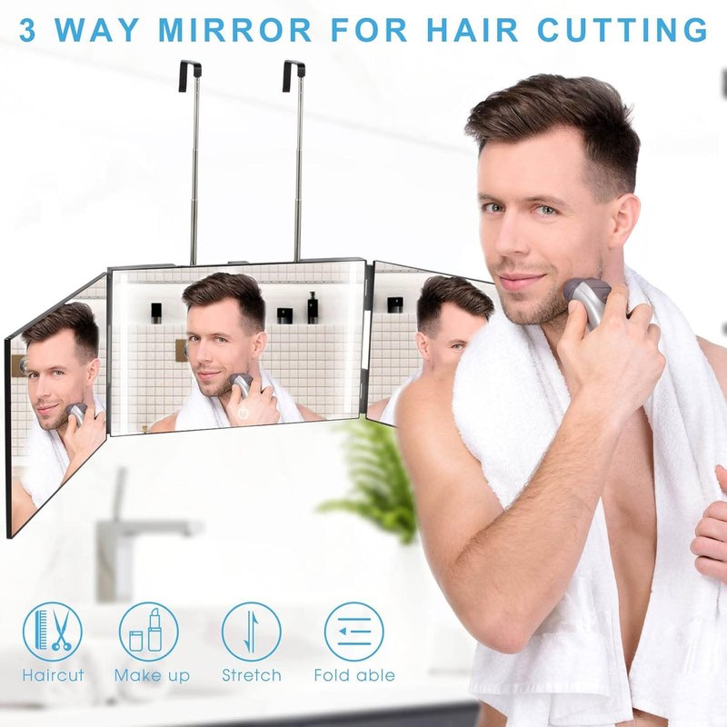 Kirli 3 Way Mirror for Self Hair Cutting – 360° with LED Lighting, Portable Trifold Mirror to See Back of Head, Adjustable Hooks, Ideal for Men & Women Styling (Black - with Led)