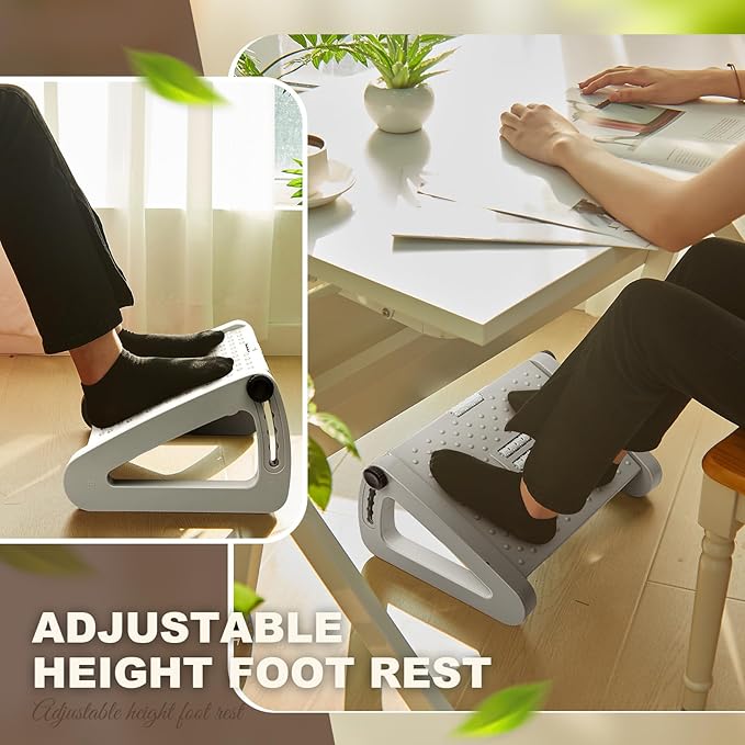 Beeveer 2 Pcs Foot Rest for Under Desk at Work, Ergonomic 6 Heights Adjustable Footrest with Massage Roller, Chair Footrest for Leg Rests for Office and Home Pressure Relief(Gray)