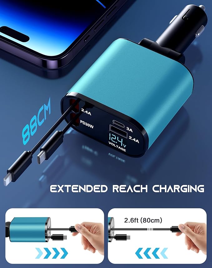 Mifanstech Retractable Car Phone Charger, 4 in 1 Fast Charge Car Phone Charger with 2 Retractable Cables(2.6ft) and 2 USB Ports, Compatible with iPhone15/14/15 Pro Max,Samsung (Light Blue)