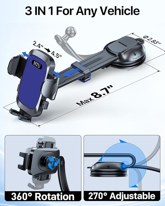 HTU Upgraded Strongest Suction Car Phone Holder Bendable Arm, Never Block View Rotatable Cellphone Mount for Dashboard Windshield Vent, Cradle Stand for iPhone 17 16 15 14 13 12 Pro Max (Lndigo Blue)