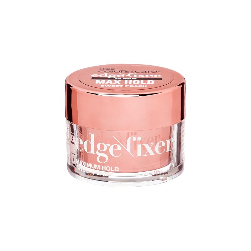 Kiss Colors & Care Maximum Hold Edge Fixer Gel for Curly Hair, Sweet Peach Scent, 1.01 Fl oz/30 ml, Infused with Biotin B7, 24hr Edge Control & Flyaway Hair Tamer, Non-Flaking, Non-Greasy Styling Gel
