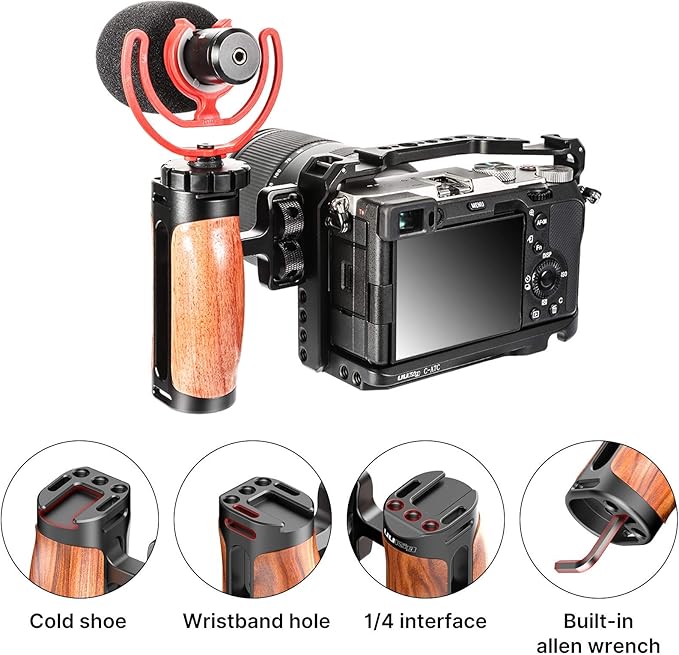 ULANZI R075 Wooden Camera Side Handle,Left & Right Dual Grip with 1/4"-20 + Cold Shoe,Walnut Wood Video Rig Compatible With Mirrorless A7 IV A6700,Canon R6 R50,Run-and-Gun Vlog & Smartphone Cage Mount