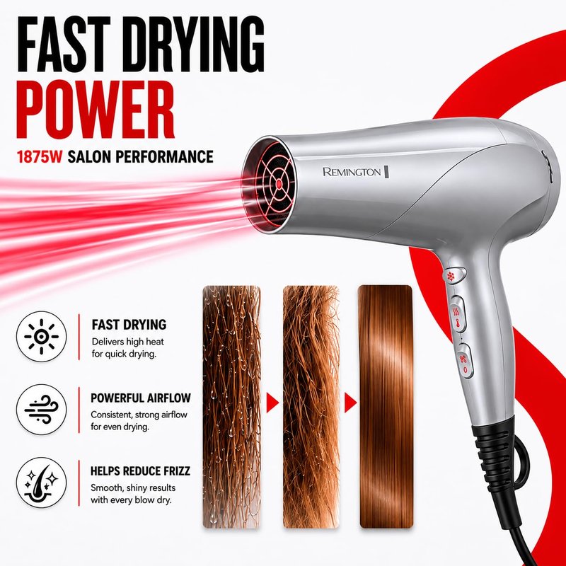 Remington Hair Dryer - Damage Protection with Ceramic Ionic Tourmaline Technology | Grey, 3-Piece Set with Diffuser & Concentrator