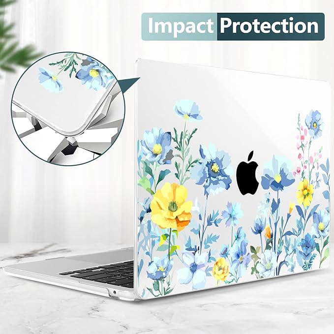 TWOLSKOO Compatible with MacBook Air 13 inch Case M5 2026 M4 2025 M3 M2 2024-2022 A3449 A3240 A3113 A2681, Plastic Hard Shell & Keyboard Cover for MacBook Air 13.6 inch Case, Blue Flowers
