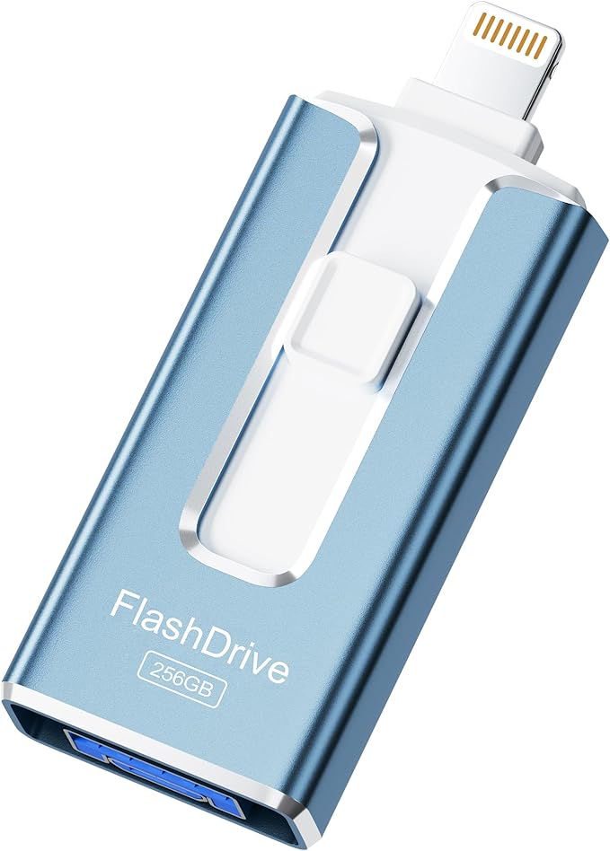 MFi Certified 256GB Flash Drive for iPhone iPad, Photo Stick for External Memory Storage, Easily Back Up and Save Photos Videos, 4 in 1 USB Memory Stick Thumb Drive for iPhone/iPad/Android/PC (Blue)