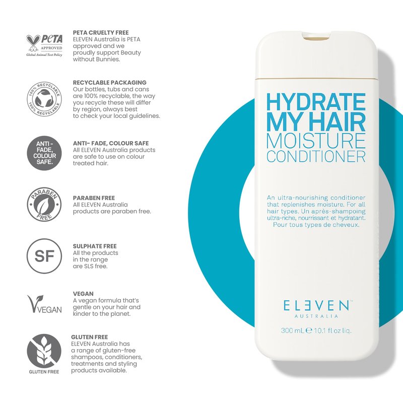 ELEVEN AUSTRALIA Hydrate My Hair Moisturizing Conditioner for Women & Men - Hydrating Conditioner for Dry & Damaged Hair, Restores Hydration & Shine, Color Safe, Sulfate & Paraben Free - 10.1 fl oz