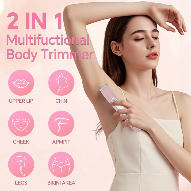 Bikini Trimmer for Women - 2 in 1 Dual Head Electric Razor, Painless Pubic & Body Hair Remover for Face, Legs, Underarms, IPX6 Waterproof, Cordless Rechargeable for Travel, Gift for Her(Pink+Purple)