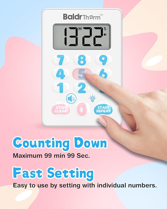 BaldrTherm Digital Kitchen Timer Waterproof, Strong Magnetic Cooking Timer with 3 Adjustable Volume Levels & Silent Flashing Light, Countdown Timer for Cooking, Baking Shower, Classroom, Cute