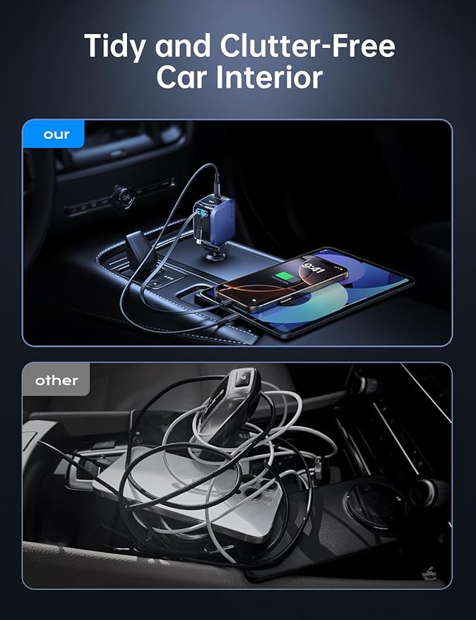 EWITGO Retractable Car Charger, Car Accessories, 72W Fast Charging USB C Car Charger with 4FT Retractable Cables and 2 Ports, for iPhone 16 15 14 13 12, Samsung etc Dark Blue
