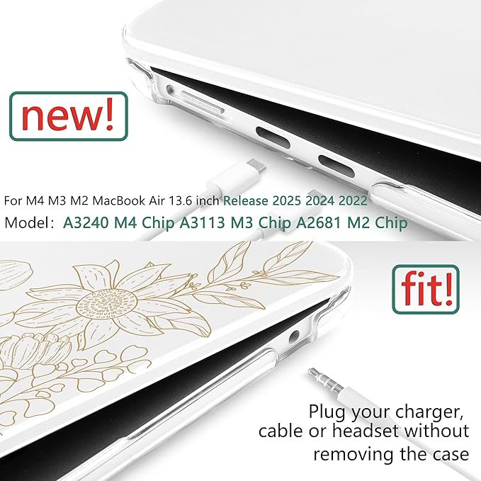 TWOLSKOO Compatible with MacBook Air 13 inch Case M5 2026 M4 2025 M3 M2 2024-2022 A3449 A3240 A3113 A2681, Plastic Hard Shell & Keyboard Cover for MacBook Air 13.6 inch Case, Monoline Floral