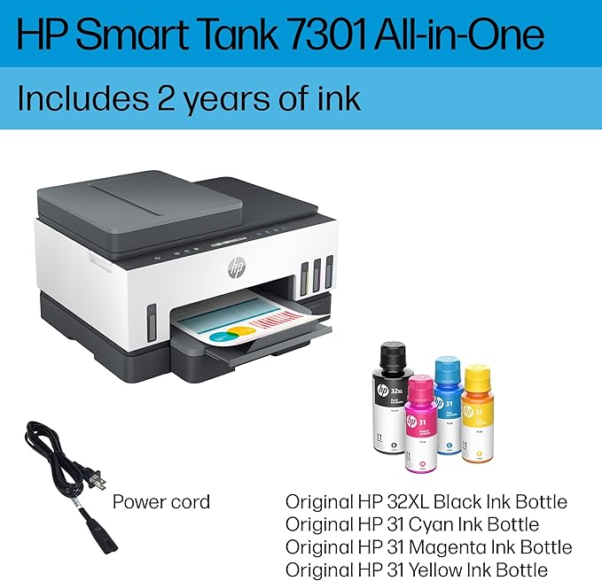 HP Smart Tank 7301 Wireless All-in-One Ink Tank Printer, Scanner, Copier with 2 Years of Ink Included, Best-for-Home Office, Cartridge-Free Refillable, AI-Enabled (28B70A)