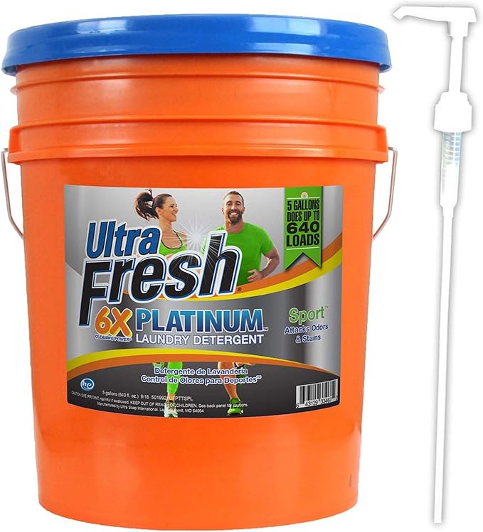 Ultra Fresh Platinum Sport 5 Gallon 6x Laundry Detergent Suitable for All Machine Type and Up to 640 Laundry Loads with Pump (2 Pack)
