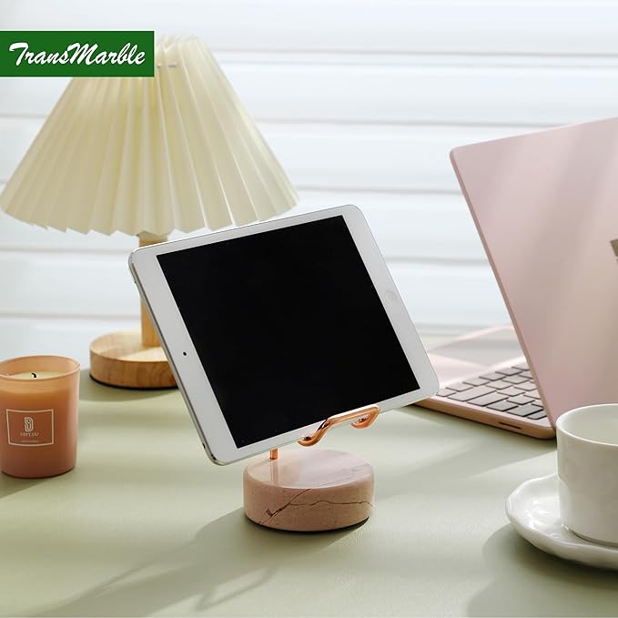 TransMarble Marble Phone Stand with Metal Holder, Charging Available While Using, Swipe Up to Unlock, Made of Natural Marble as Business Card Holder for Office Desk (Rose Pink + Rose Gold)