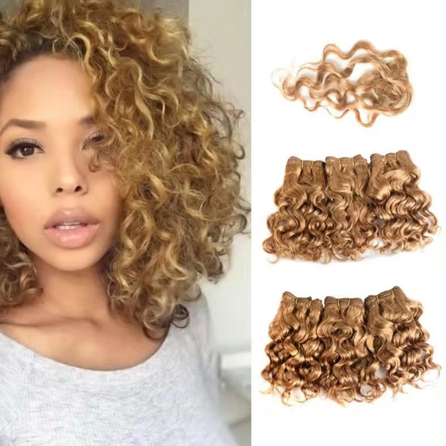 Aiokrtse Brazilian Virgin Hair 100% Human Hair Weave Bundles Curly Hair 6 bundles 8 inches with 1 closure #27 Blonde Color(6 bundles 8 inches=about 230 grams or 8.11 ounces)