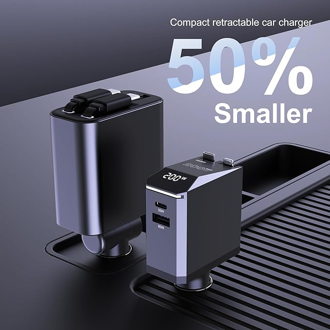 Aftertop 200W Retractable Car Charger, Power Display