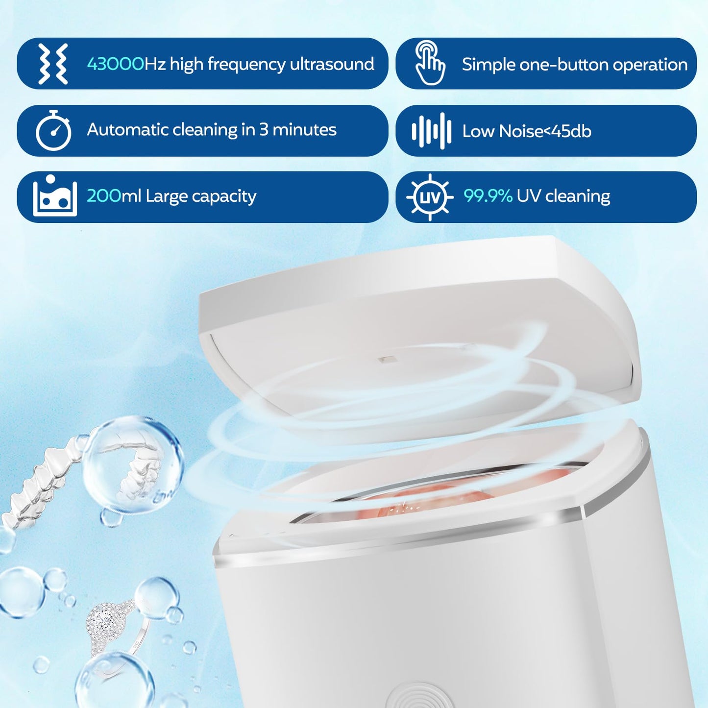 U-V Ultrasonic Dental Cleaner;UltraSonic Retainer Cleaner Machine for Denture,Aligner,Whitening tray,200ml Portable Mouth Guard Cleaner, Invisalign Cleaner Pod,Professional Sonic Jewelry Cleaner White