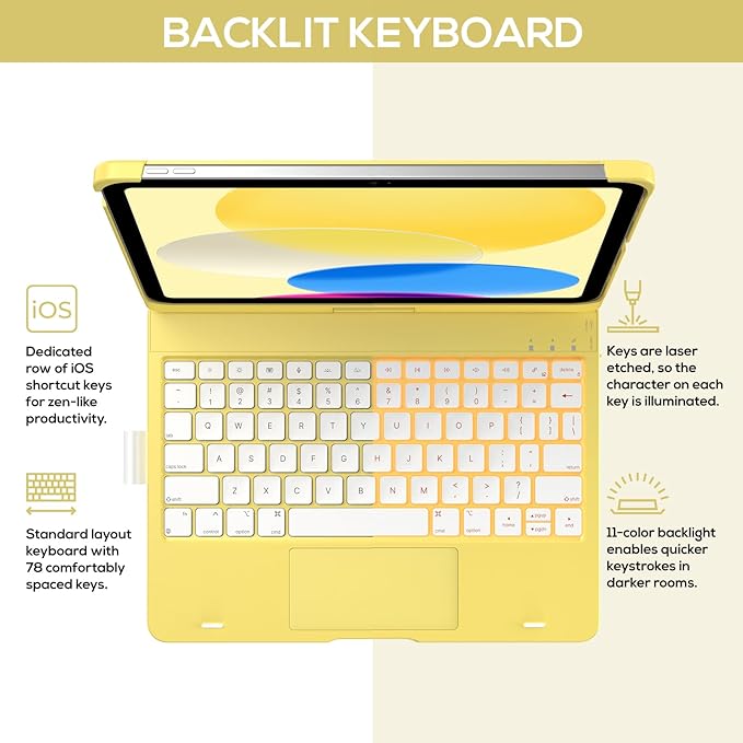 typecase Touch iPad 11th 10th Generation Case with Keyboard (11" 2025, A16 & 10.9" 2022) – 360° Rotatable, 11-Color Backlit, Multi-Touch Trackpad, Pencil Holder, Thin & Light – Yellow