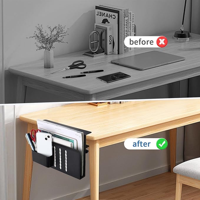 osseph Desk Side Storage Organizer, Under Desk Laptop Holder with Magnetic Pen Holder, No Drill Hanging Desk Caddy for Office & Home, Clamp On Desk Shelf for Tablet, Files, Accessories (Black)